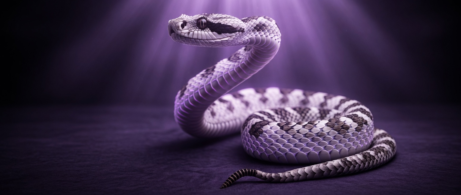 President Trahan - Don't Tread on Me rattlesnake with white scales and tan stripes and black scales striking down from its eyes down to the crease of its mouth reared upwards under dark lavendar lighting