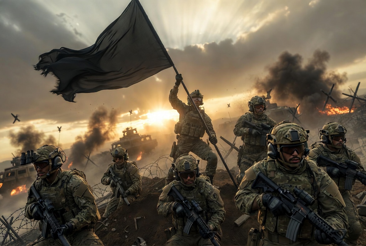 Soldiers on a battle hill raising a black flag instead of an American flag